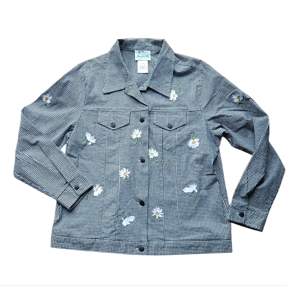 The Quacker Factory Jackets & Blazers - The Quaker Factory Size Large Black and White Checkered Jacket Floral Embroidery